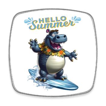 Funny hippopotamus with a surfboard - surfer - Square fridge magnet - white - Front