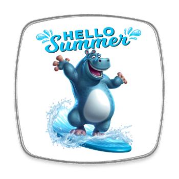 Funny hippopotamus with a surfboard - surfer - Square fridge magnet - white - Front
