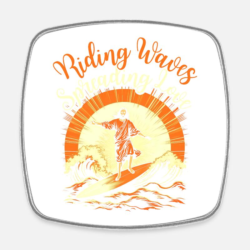 Surfing Jesus - Riding Waves Spreading Love - Square fridge magnet - white