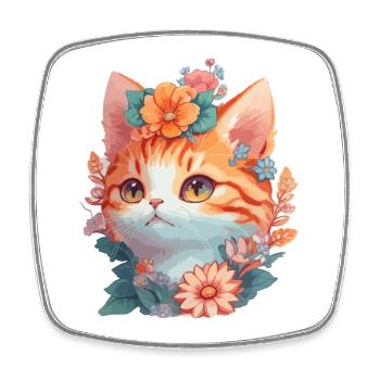 Rote Katze mit Blumen - Viereckiger Kühlschrankmagnet - Weiß - Vorne