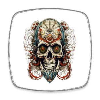 Detailreicher Steelskull mit mechanischem Flair - Viereckiger Kühlschrankmagnet - Weiß - Vorne