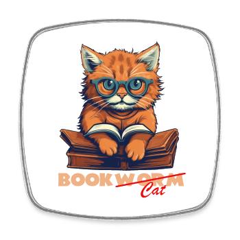 Katze mit Buch und Schriftzug - Viereckiger Kühlschrankmagnet - Weiß - Vorne