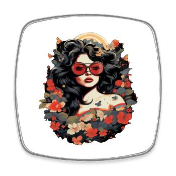 Vintage Blumenfrau mit Sonnenbrille - Viereckiger Kühlschrankmagnet - Weiß - Vorne