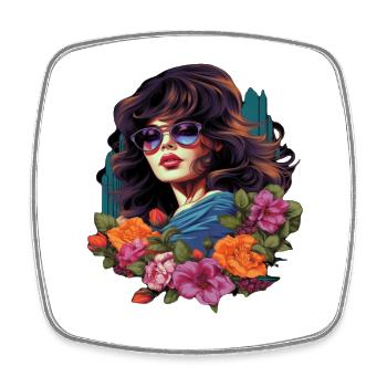 femme élégante avec des fleurs et des lunettes de soleil - Magnet carré - blanc - Devant