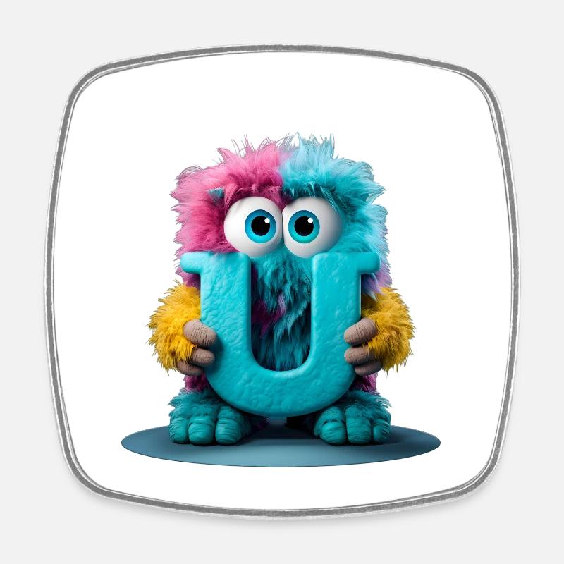 Multicolored Monster Holding Letter U - Square fridge magnet - white