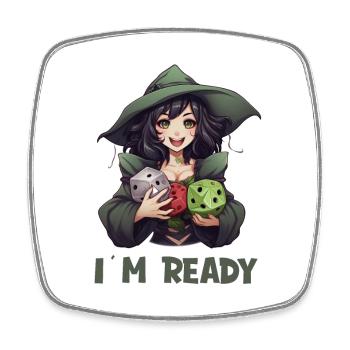 I Am Ready – Héroïne RPG féminine avec des dés - Magnet carré - blanc - Devant