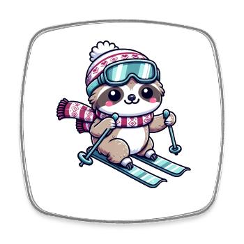 Mignon Bande Dessinée Paresseux Ski - Magnet carré - blanc - Devant