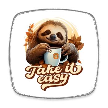 Süßes Faultier Trinkt Tee, Take It Easy, Spruch - Viereckiger Kühlschrankmagnet - Weiß - Vorne
