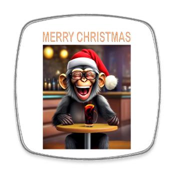 Monkey celebrates Christmas with hat and drink - Square fridge magnet - white - Front