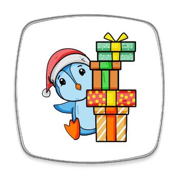 Pinguin mit Weihnachtsmütze und Weihnachtsgeschenk - Viereckiger Kühlschrankmagnet - Weiß - Vorne
