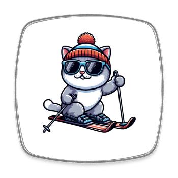 British Shorthair Katze beim Skifahren Winter - Viereckiger Kühlschrankmagnet - Weiß - Vorne
