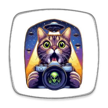 Drôle de chat effrayé avec OVNI Alien Attack 3D effet - Magnet carré - blanc - Devant