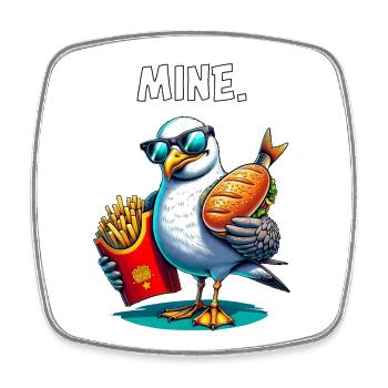 Mouette effrontée avec frites et sandwichs au poisson – MINE - Magnet carré - blanc - Devant