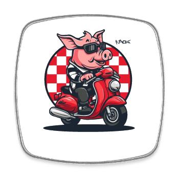 Sur mon scooter sur la route : Le cochon cyclomoteur - Magnet carré - blanc - Devant