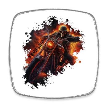 Flaming skull on motorcycle biker - Square fridge magnet - white - Front