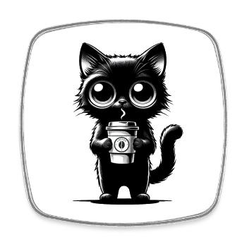 Jolie tasse à café chat noir – Chibi Kawaii - Magnet carré - blanc - Devant
