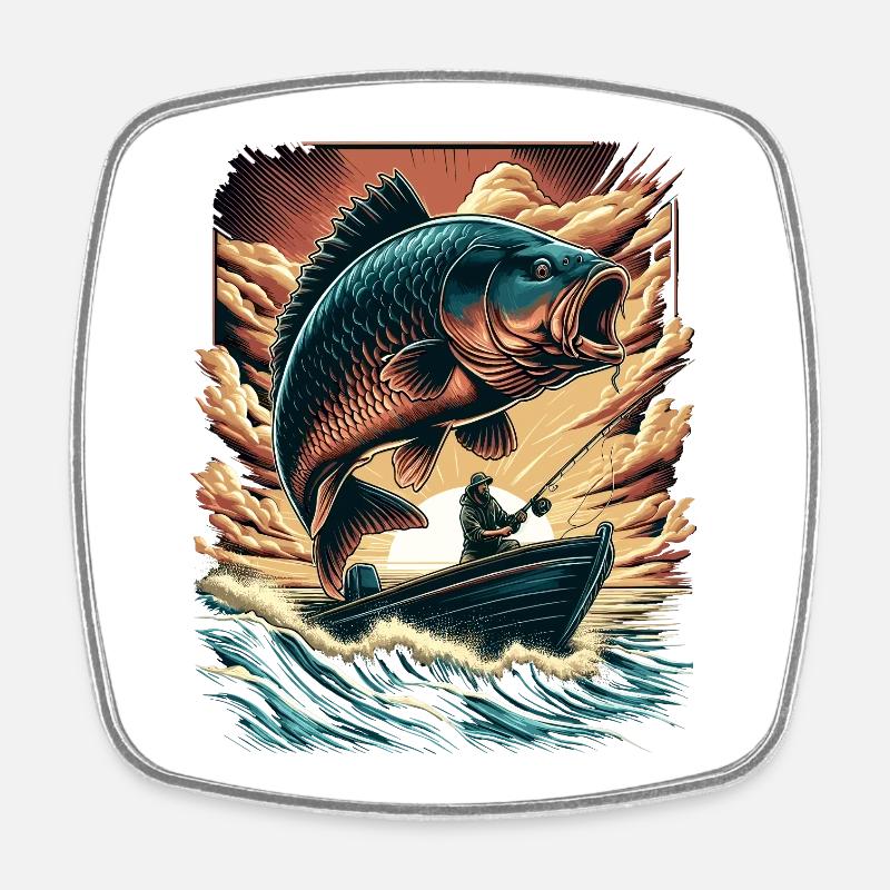 Aventure vintage du pêcheur de carpes au coucher du soleil - Magnet carré - blanc