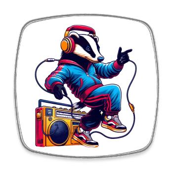 Cheerful Badger with Headphones Dancing - Square fridge magnet - white - Front