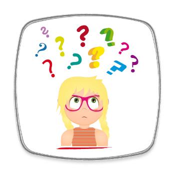Girl with glasses with many colorful question marks - Square fridge magnet - white - Front