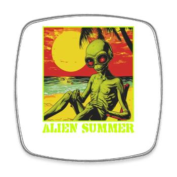 Raumfahrt, Fantasy Kunst, Alien im Sommer, Urlaub - Viereckiger Kühlschrankmagnet - Weiß - Vorne
