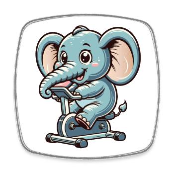 blue cartoon elephant on an ergometer - Square fridge magnet - white - Front