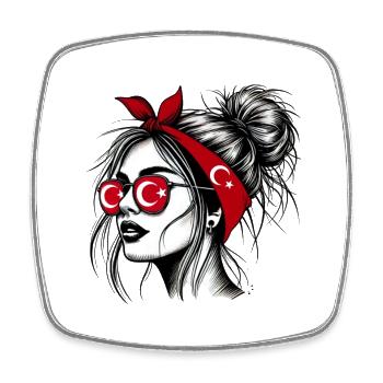 Stylish Turkish woman with Turkish flag design - Square fridge magnet - white - Front