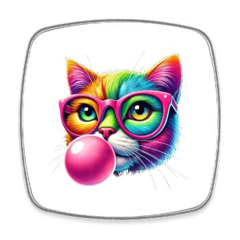Bunte Katze mit Brille und Kaugummi-Design - Viereckiger Kühlschrankmagnet - Weiß - Vorne
