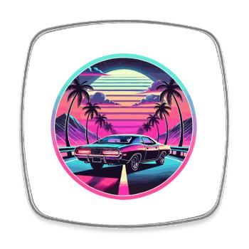 Retro Sunset Muscle Car Driving - Square fridge magnet - white - Front