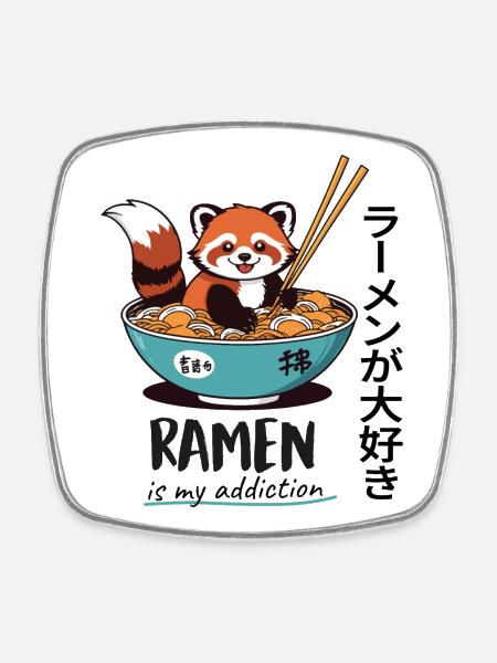 Cute Red Panda in Ramen Bowl - Square fridge magnet - white