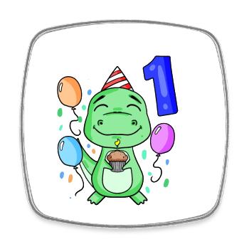 1 Year Old - School Enrollment - Dinosaur Motif Dino - Square fridge magnet - white - Front