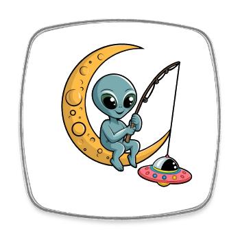 Lustiger Alien auf Mond mit Angel - Viereckiger Kühlschrankmagnet - Weiß - Vorne