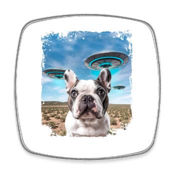 French Bulldog Dog Selfie with Alien UFOs. - Square fridge magnet - white - Front