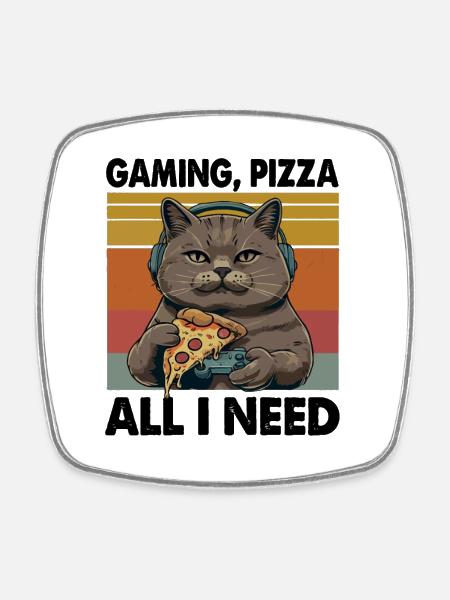 Lustiges Katzen Gaming Pizza Gamer Zocker Zocken - Viereckiger Kühlschrankmagnet - Weiß