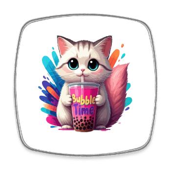 Cat illustration with bubble time motif - Square fridge magnet - white - Front