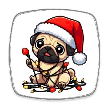 Süßer Weihnachtsmops Cartoon mit Lichterkette - Viereckiger Kühlschrankmagnet - Weiß - Vorne