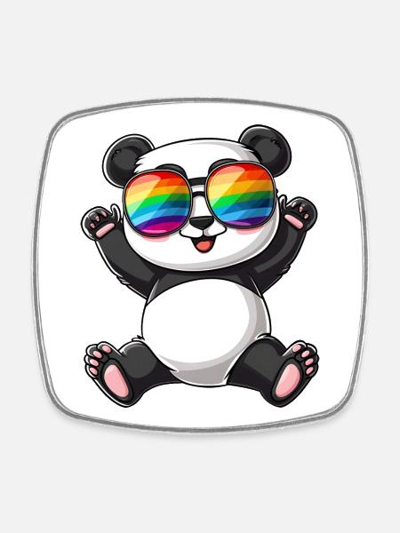 Panda Cartoon with a Pride Rainbow glasses. - Square fridge magnet - white