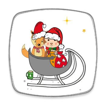 Fuchs und Teddy im Schlitten, Weihnachten - Viereckiger Kühlschrankmagnet - Weiß - Vorne