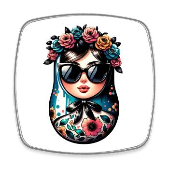 Russian Girl Matryoshka Moscow with Sunglasses - Square fridge magnet - white - Front