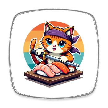 Sushi Master Cat with Sunset holding Katana knife - Square fridge magnet - white - Front
