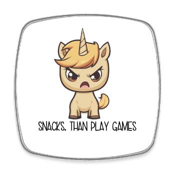 Angry Unicorn – Snacks Than Play Games - Square fridge magnet - white - Front