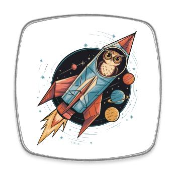 Eule in Rocket - Galaktische Erkundung - Viereckiger Kühlschrankmagnet - Weiß - Vorne