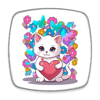 Chat Printemps Fleurs Coeur Enfants Bébé Chaton - Magnet carré - blanc - Devant
