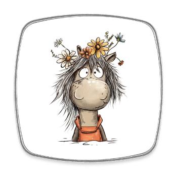 Pferd Mit Wildblumen Cartoon Reiter - Viereckiger Kühlschrankmagnet - Weiß - Vorne