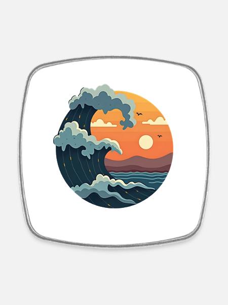 Wellen im Sonnenuntergang Illustration - Viereckiger Kühlschrankmagnet - Weiß
