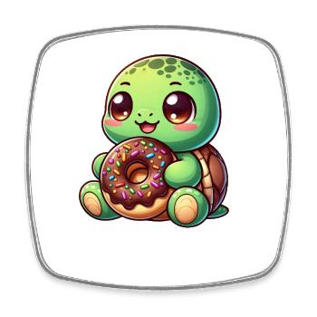 Cute turtle with donut cartoon snacking - Square fridge magnet - white - Front