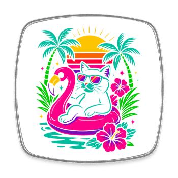Coole Sommerkatze auf Flamingo - Retro Look - Viereckiger Kühlschrankmagnet - Weiß - Vorne