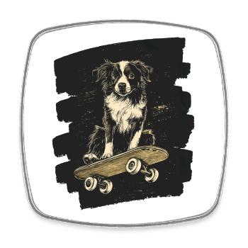 Boarder Collie chien sur planche à roulettes - Magnet carré - blanc - Devant