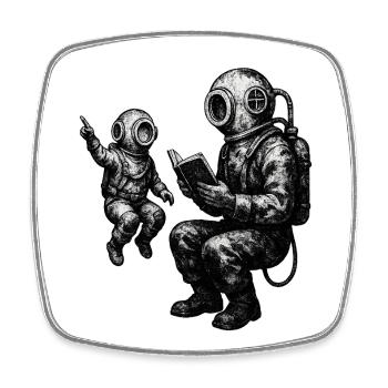 Vintage Deep Sea Diver with Child – Black and White - Square fridge magnet - white - Front