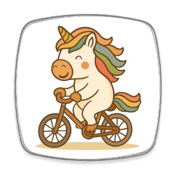 glückliches Einhorn mit bunter Mähne fährt Fahrrad - Viereckiger Kühlschrankmagnet - Weiß - Vorne