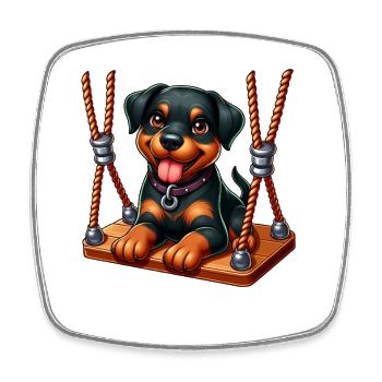 Chiot Rottweiler joyeux sur la balançoire - Magnet carré - blanc - Devant